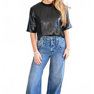 NEW ELAN sequin short sleeve shirt in black